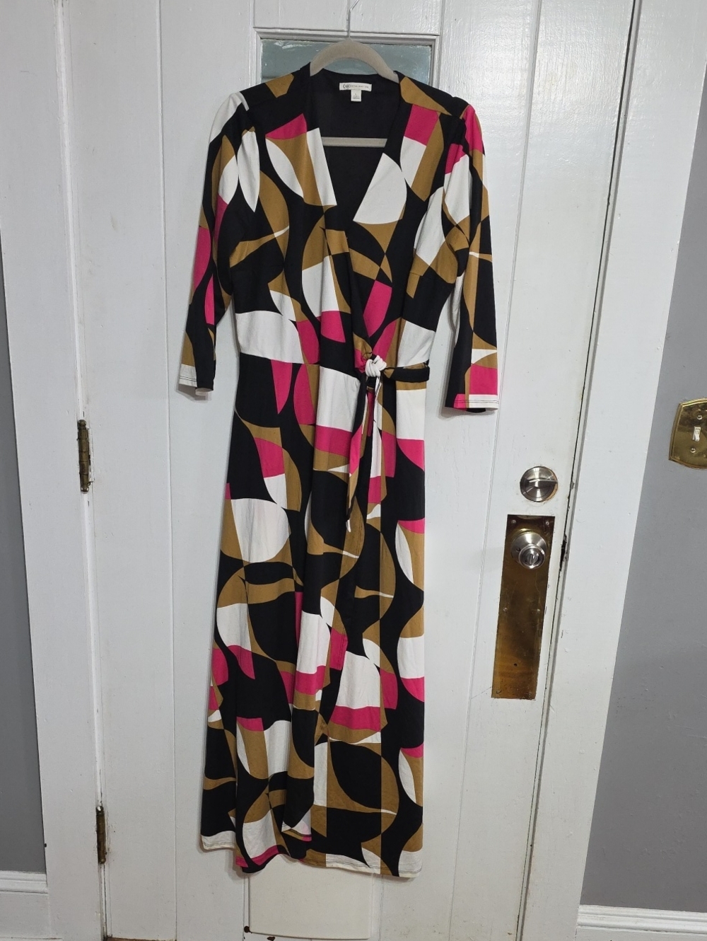 Cato Women's Maxi Wrap Dress Colorblock Fall Colors Stretchy Cozy Soft Sz L EUC